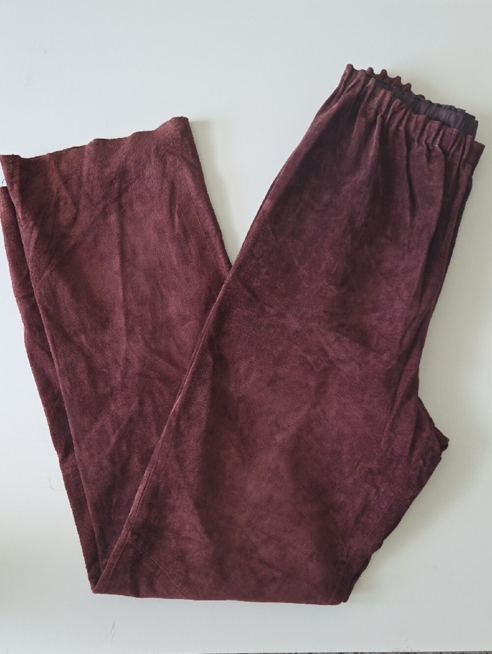 Women's Vintage Elastic-Waist Cayenne Leather Suede Pants Burgundy Red Warm
